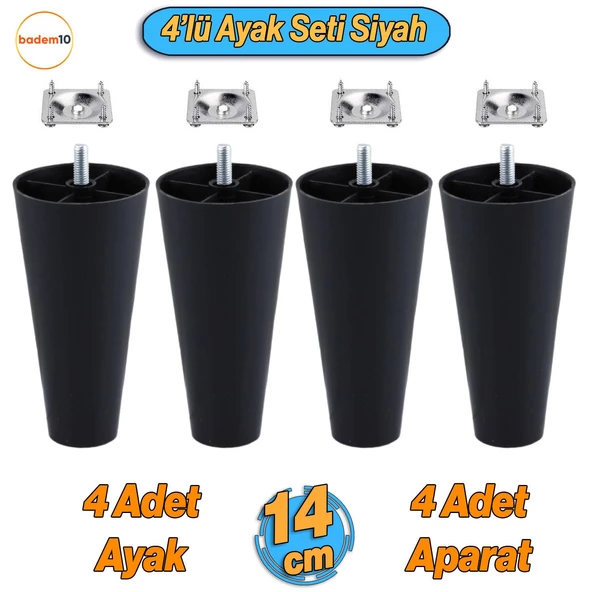 4 Adet Plastik Ayak 14 cm Mobilya Sehpa Kanepe Ünite Koltuk Ayağı Baza Ayakları Siyah Aparat Dahil ürün görseli 1