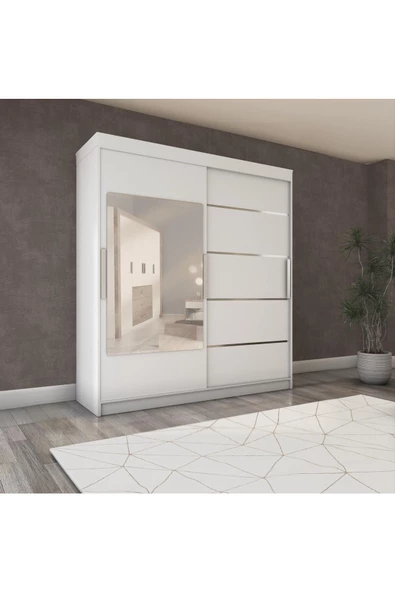 yıldızmobilyatasarım İki Kapaklı Sürgülü Gardırop 200/210 Cm (PARLAK BEYAZ) ürün görseli 1