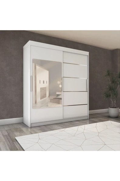 yıldızmobilyatasarım İki Kapaklı Sürgülü Gardırop 180/210 Cm (PARLAK BEYAZ) ürün görseli 1