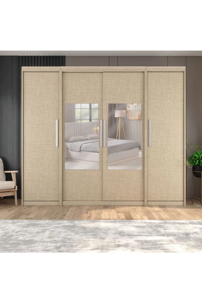 yılwood Sürgülü Gardırop İki Taraflı Boydan Kapaklı Orta Sürgülü Dolap 60+140+60 cm (KOTON VİZON) ürün görseli 1
