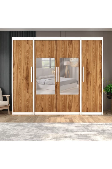 yılwood Sürgülü Gardırop İki Taraflı Boydan Kapaklı Orta Sürgülü Dolap 60+140+60 cm (PARLAK BEYAZ + UD) ürün görseli 1