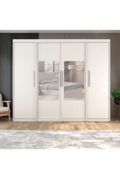 yılwood Sürgülü Gardırop İki Taraflı Boydan Kapaklı Orta Sürgülü Dolap 60+140+60 cm (PARLAK BEYAZ) ürün görseli 1