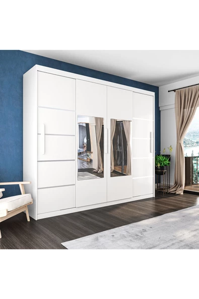 yılwood Sürgülü Gardırop Dört Kapaklı Aynalı Beyaz Dolap 280*230cm ürün görseli 1