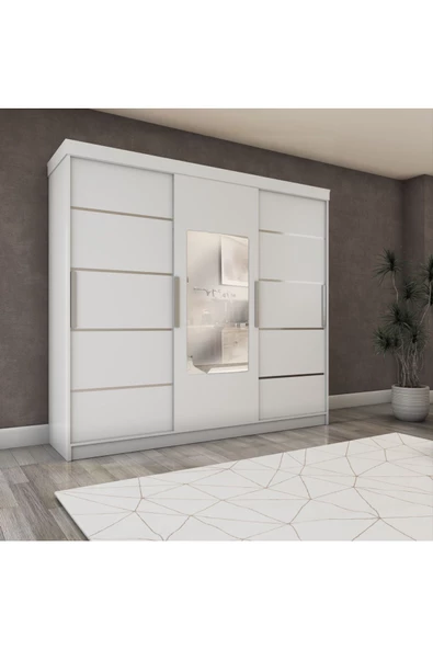yıldızmobilyatasarım Üç Kapaklı Sürgülü Gardırop 240/210 Cm (PARLAK BEYAZ) ürün görseli 1