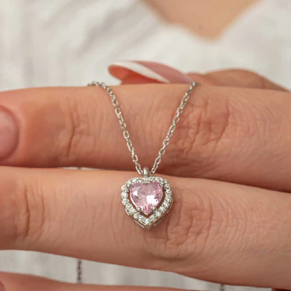 Gümüş Pembe Kalp Kadın Kolye ürün görseli 1