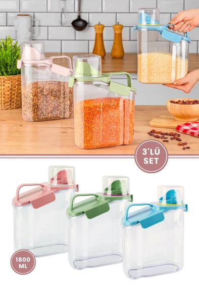 Flora Çok Fonksiyonlu Un, Bakliyat, Deterjan Saklama Kabı (Contalı Sızdırmaz) 1800 ml 3'lü Set ürün görseli 1