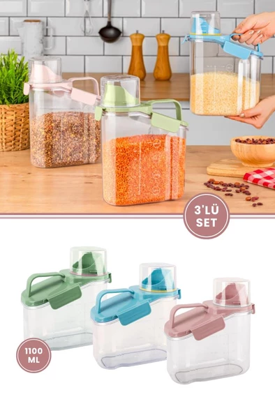 Flora Çok Fonksiyonlu Un, Bakliyat, Deterjan Saklama Kabı (Contalı Sızdırmaz) 1100 ml 3'lü Set ürün görseli 1