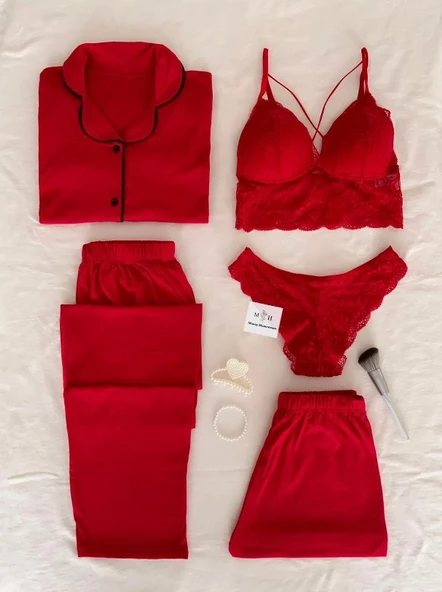 M&H Moony Homewear Red Dreams 5'li Mevsimlik Penye Pijama Iç Giyim Çeyiz Seti ürün görseli 1