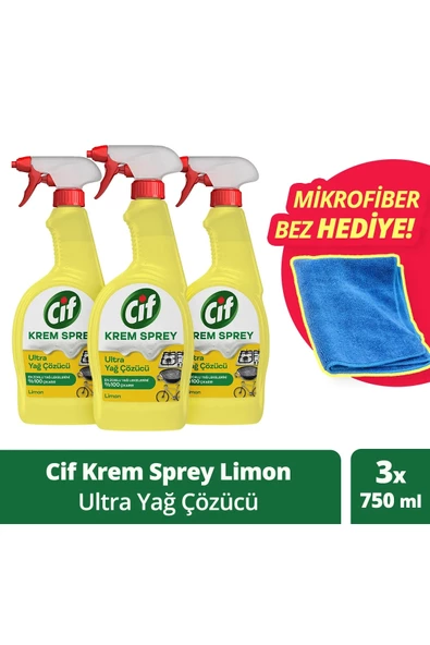 Cif Krem Sprey Limon Ultra Yağ Çözücü Yüzey Temizleyici 750 ml X3 + Mikrofiber Bez Hediye X1 ürün görseli 1