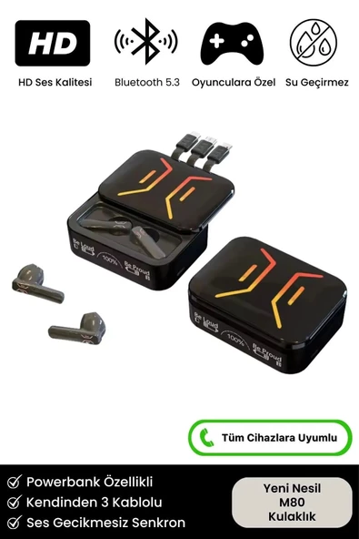 9D Stereo Ses Ios Android Uyumlu Dokunmatik M80 Powerbank Özellikli 5.3 Bluetooth Kablosuz Kulaklık ürün görseli 1