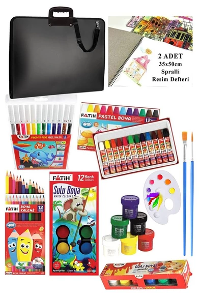 Öğrenci Boyama Seti 11 Parça 1 Paket 35x50 Resim Çantası Resim Defter Fatih Sulu Boya Kuru Boya Pastel Boya Keçeli Kalem ürün görseli 1