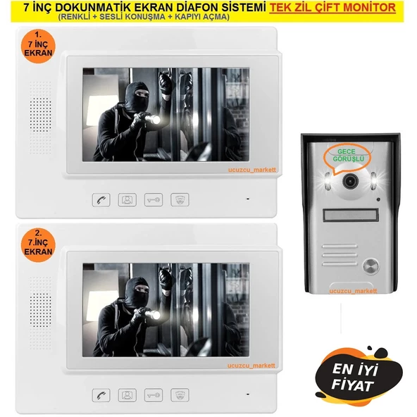 7 Inç Dokunmatik Ekran Diafon Sistemi Tek Zil Çift Monitör (Renkli+ Sesli Konuşma+Kapıyı Açma) ürün görseli 1