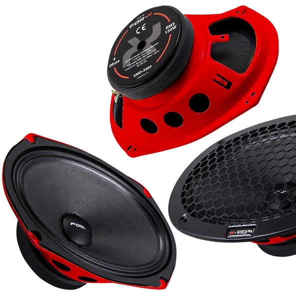 FOR-X XMD-3069 OTO MIDRANGE OVAL 6X9 300W KAPAKLI 2 ADET KIRMIZI ürün görseli 1
