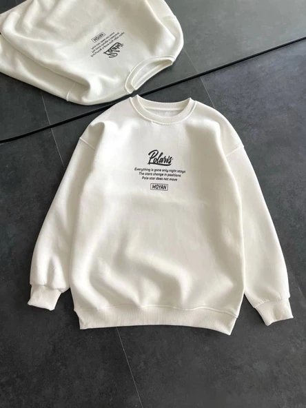 Kışlık Bisiklet Yaka Ön Ve Arka Baskılı SweatShirt - Beyaz ürün görseli 1