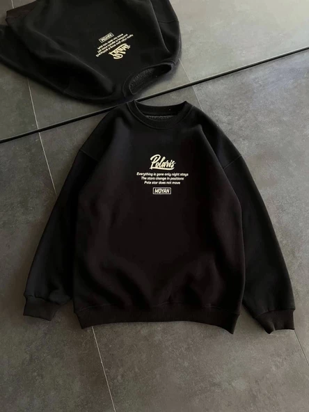 Kışlık Bisiklet Yaka Ön Ve Arka Baskılı SweatShirt - Siyah ürün görseli 1