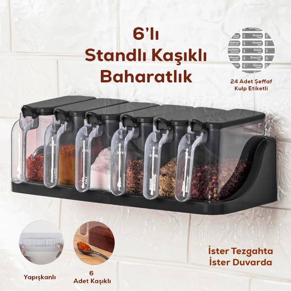 Porsima 1183 6 Lı Simple Standlı Etiketli Kendinden Yapışkanlı Kapaklı Kaşıklı Baharatlık Takımı -baharatlık ürün görseli 1