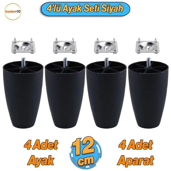 Oval 4 Adet Plastik Ayak 12 cm Siyah Mobilya Sehpa Kanepe Koltuk Ayağı Baza Ayakları Aparat Dahil ürün görseli 1