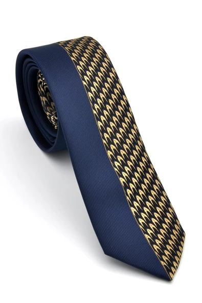 Bej ve Lacivert Pano Desenli Dokuma Kumaş Slim Fit Kravat // KPK016 ürün görseli 1
