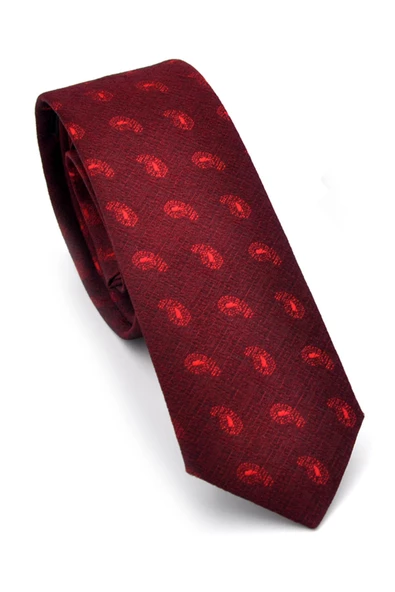 Kırmızı Şal Desenli Bordo Dokuma Kumaş Mendilli Slim Fit Kravat // SDK-240810 ürün görseli 1