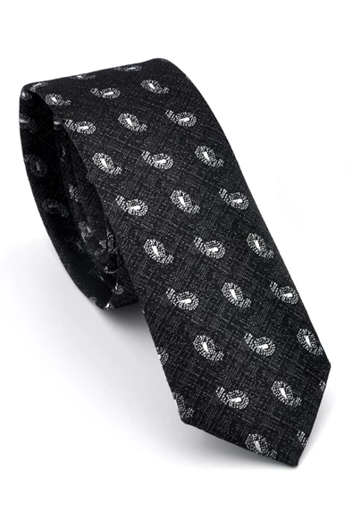 Beyaz Şal Desenli Siyah Dokuma Kumaş Mendilli Slim Fit Kravat // SDK-240809 ürün görseli 1