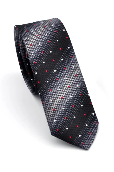 Gri Füme ve Siyah Verev Desenli Dokuma Kumaş Mendilli Slim Fit Kravat // SDK-240803 ürün görseli 1