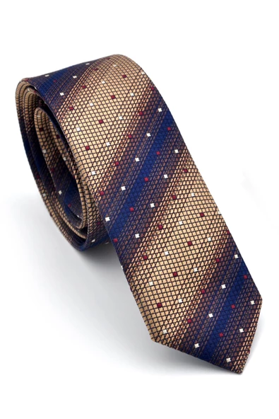 Bej Kahverengi ve Lacivert Verev Desenli Dokuma Kumaş Mendilli Slim Fit Kravat // SDK-240801 ürün görseli 1