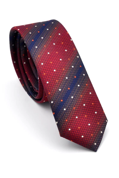 Bordo Kahverengi ve Lacivert Verev Desenli Dokuma Kumaş Mendilli Slim Fit Kravat // SDK-240802 ürün görseli 1