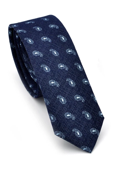 Mavi Şal Desenli Lacivert Dokuma Kumaş Mendilli Slim Fit Kravat // SDK-240808 ürün görseli 1