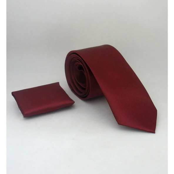Bordo Slim Fit Düz Renk Mendilli Saten Kravat - SS-37 ürün görseli 1
