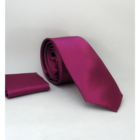 Mürdüm Slim Fit Düz Renk Mendilli Saten Kravat - Ss-06 ürün görseli 1