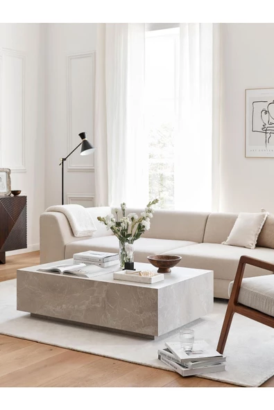 Eriza Lesley, Kare Traverten Mermer Desenli Modern Orta Sehpa, Krem ürün görseli 1
