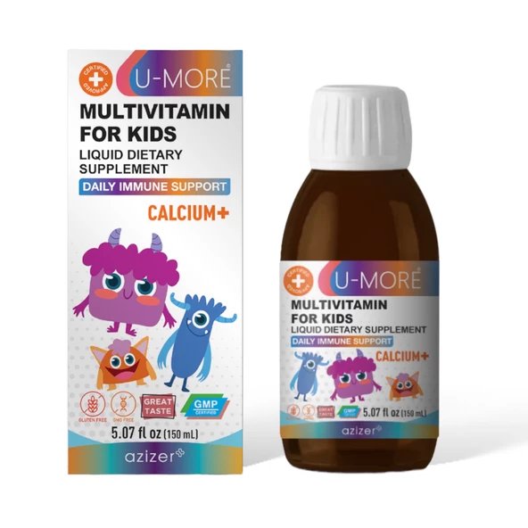 U MORE - Multivitamin Ve Kalsiyumlu Çocuk Şurubu, Çinko, Vitamin C, B3, E, B5, B2, B1, B6, A, D-150ml ürün görseli 1