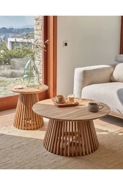 Eriza Side, Yuvarlak Country 2'li Çıtalı Orta ve Yan Sehpa, Natural ürün görseli 1