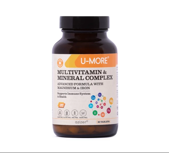 U MORE - Multivitamin 60 Tablet - Kalsiyum, Magnezyum, Demir, Çinko - Vegan, Şekersiz, Glutensiz ürün görseli 1