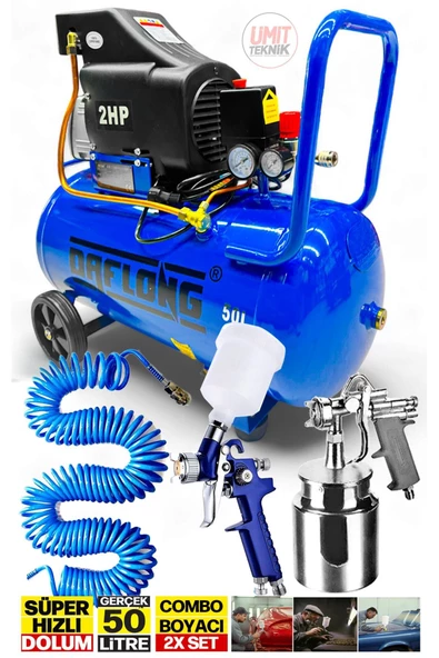 Bakır Sargı Motor Gerçek 50lt 2hp Süper Hızlı Dolum Daflongsseri Hava Kompresörü Havalı Boya Set ürün görseli 1