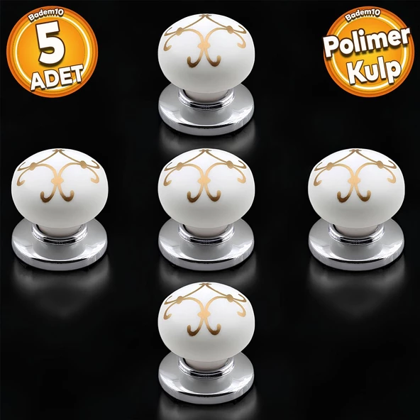 Eymen Polimer Düğme Kulp Beyaz Krom Mobilya Mutfak Çekmece Dolap Kulpu Kulbu Kulpları 5 ADET ürün görseli 1