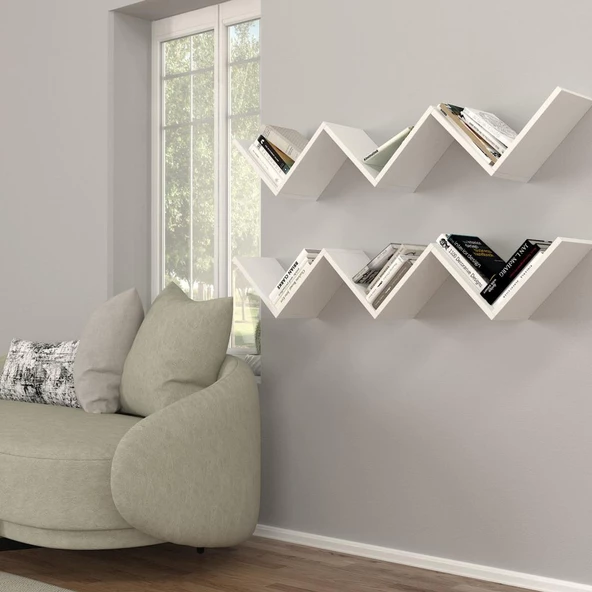 Dekorister Zig Zag Kitaplık Beyaz - Resim 5
