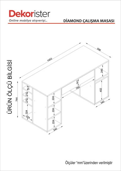 Dekorister Diamond Çalışma Masası Beyaz - 145 cm - Resim 6