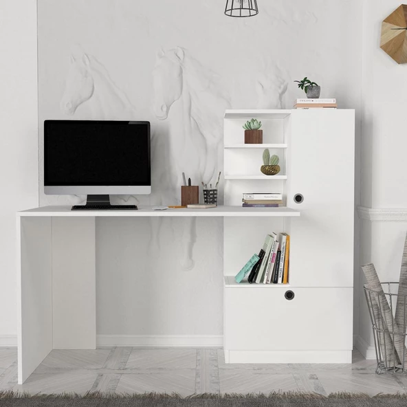 Dekorister Merinos Kitaplıklı Çalışma Masası Beyaz ürün görseli 1