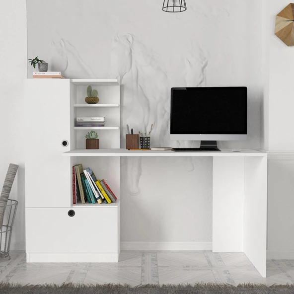 Dekorister Domingos Kitaplıklı Çalışma Masası Beyaz ürün görseli 1