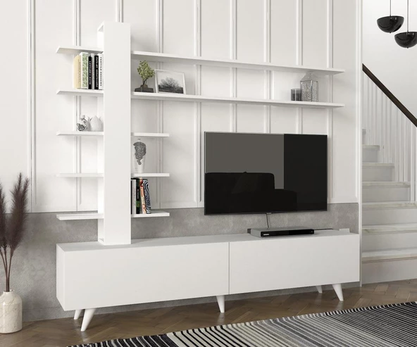 Dekorister Aleyna Duvar Raflı Kitaplıklı Tv Ünitesi Beyaz ürün görseli 1