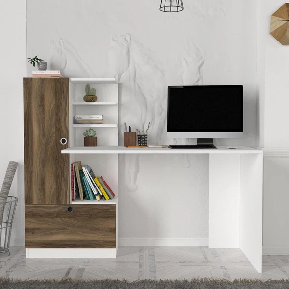 Dekorister Domingos Kitaplıklı Çalışma Masası Beyaz-Ceviz ürün görseli 1