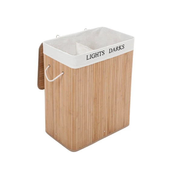 SONGMICS 100L (62,5 x 52 x 32 cm) çamaşır sepeti bambu katlanabilir çamaşır kutusu, 2 bölmeli, çıkarılabilir çamaşır sepeti, çıkarılabilir çamaşır sepeti., Bambu, natürel, LCB64Y ürün görseli 1