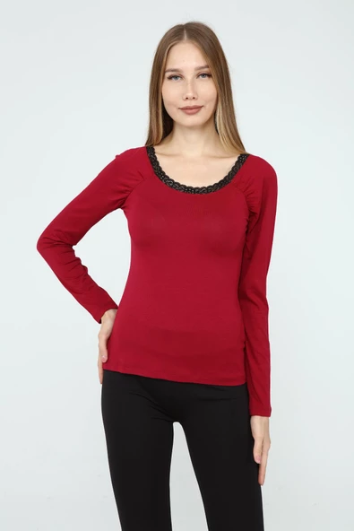 DRR Moda Yaka Dantelli Büzgülü Reglan Kol Bluz ürün görseli 1
