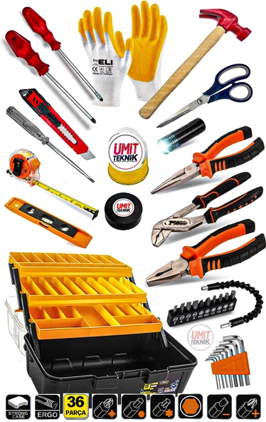 Lüks Combo Seri 36Pcs Full Takım PenseYankeski,Tornavida Set,3 Metre ,Çekiç,Eldiven Combo Seti Takım ürün görseli 1