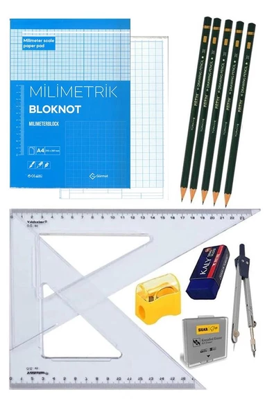 Milimetrik Teknik Çizim Seti 12 Parça 1 Paket Mavi Milimetrik Çizim Defteri Gönye Dereceli Kalem Metal Pergel Silgi Kalemtraş ürün görseli 1