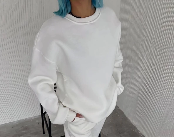 Kışlık Bisiklet Yaka Üç İplik Basic SweatShirt - Beyaz - Resim 2