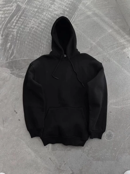 Kapşonlu Üç İplik Penye Basic SweatShirt - Siyah - Resim 2