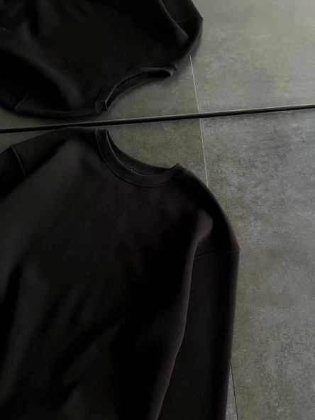 Kışlık Bisiklet Yaka Üç İplik Basic SweatShirt - Siyah - Resim 2