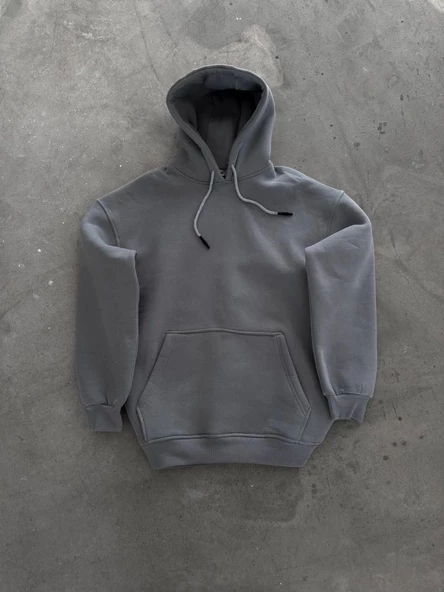 Kapşonlu Üç İplik Penye Basic SweatShirt - Boyalı Gri - Resim 2